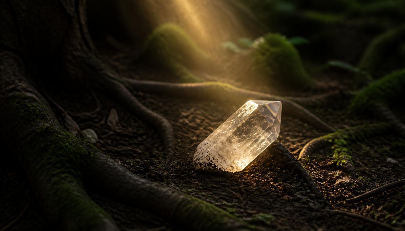 Cristal entre raízes de árvore sob luz natural