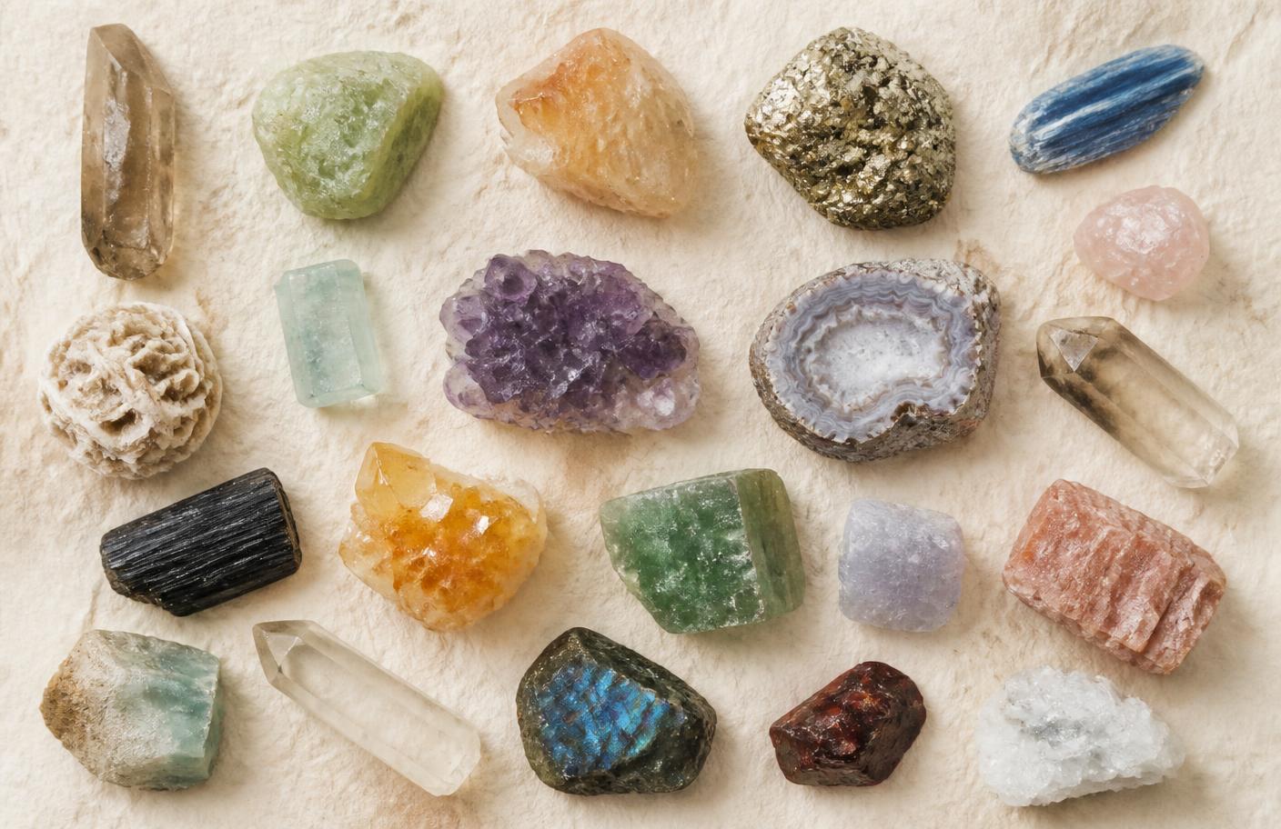Diferentes cristais naturais mostrando formas, cores e transparências