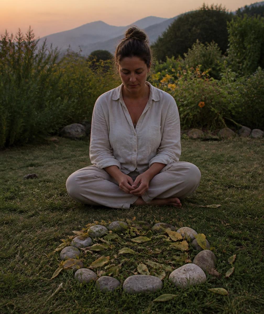 Mulher em um círculo natural em um jardim ao entardecer