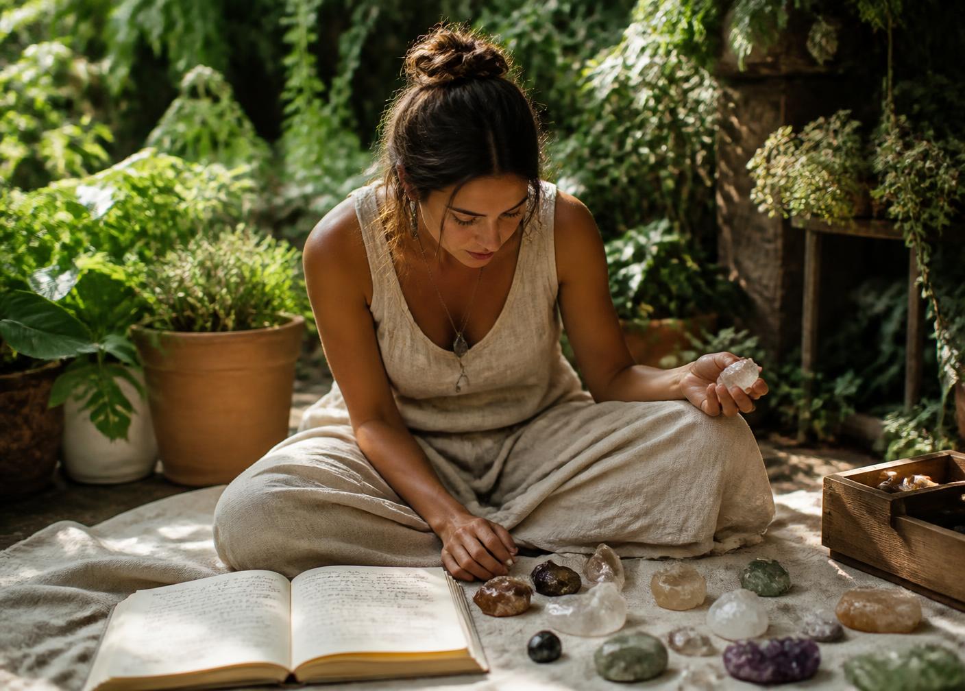 Mulher sentada na natureza estudando cristais com um caderno aberto