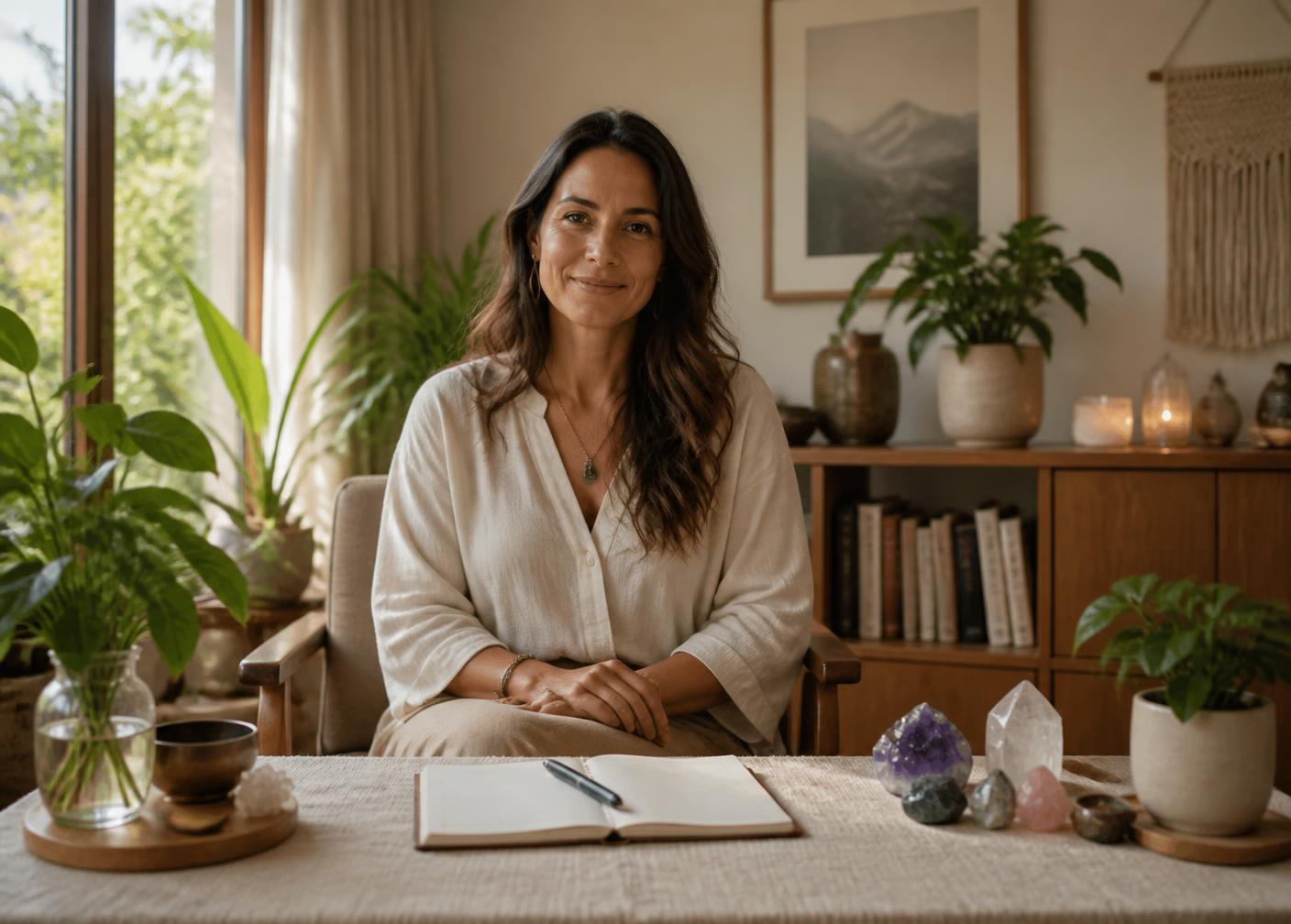 Terapeuta em ambiente natural com cristais e caderno